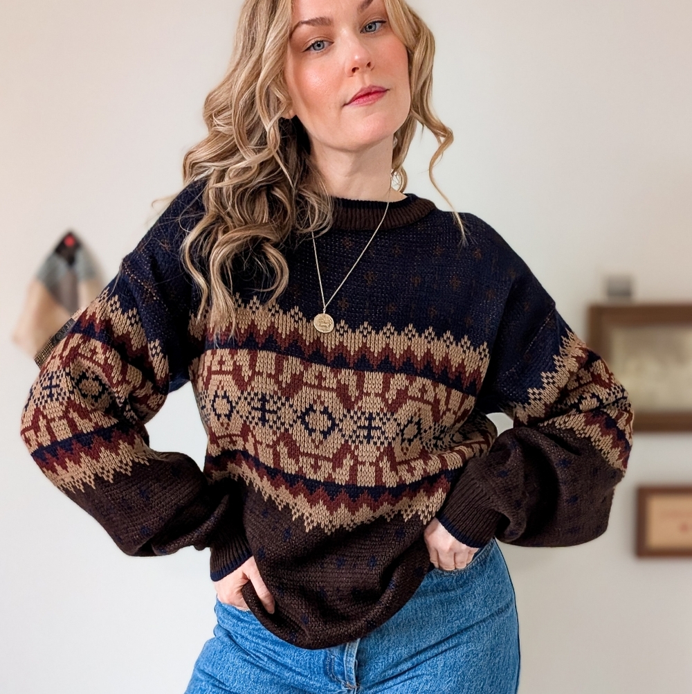 Vintage Fair Isle Relaxed Fit 90s Navy Crew Neck Sweater